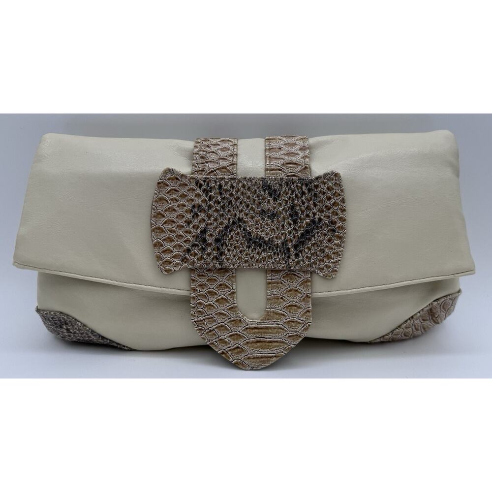 Daisy Fuentes Fold Over Clutch Purse Faux Snake Skin Off White